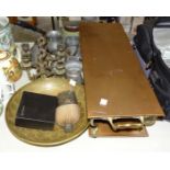 A copper and brass rectangular two-handled hot plate with two burners, 69 x 22cm, various pewter
