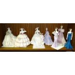 A collection of seven Coalport figurines: 'Rose', 'Carnation', 'Lilac Time', 'Sheer Elegance', (