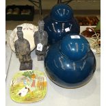 A pair of modern Chinese blue-glazed globular shaped jars and covers, 30cm high and other items.