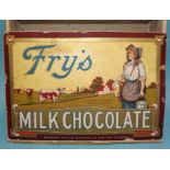 A vintage Fry's Milk Chocolate cardboard and wood-sided box, the lid decorated with a milkmaid and