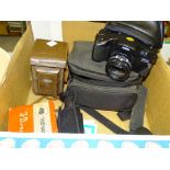 A Yashica-C TLR camera in case, a Zenit EM camera, a Nikon 35mm camera, a pair of 10 x 25 field