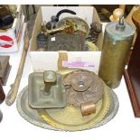 A pair of brass candlesticks, 14cm high, a metal nutcracker in the form of a dog, a set of three fir