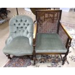 An upholstered button-back nursing chair on turned front legs, together with a stained wood-framed
