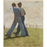 FIGURES WALKING ON PLYMOUTH HOE Unsigned acrylic on board, 143 x 120cm and two others, (3).
