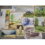 A collection of various unframed watercolours, various subjects, landscapes, coastal scenes, etc.