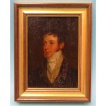 19th century English School PORTRAIT OF A YOUNG MAN WEARING A WHITE STOCK Unsigned oil on board,