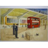 A watercolour on paper depicting Bretonside bus station, 38 x 56cm, (foxing).