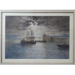 F Walters (20th century) FISHING BOATS ALONGSIDE QUAY, WITH FIGURES Signed watercolour, 31.5 x 47cm.
