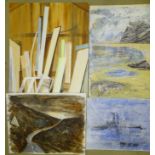 A collection of various unframed acrylics and watercolours, of still life, abstracts, etc.