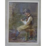 F Fischer? (19th century Continental) YOUNG BOY SEATED ON A STOOL PLAYING A TIN WHISTLE