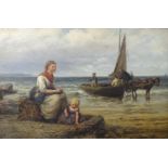 Edith Hume (1843-1906) FISHER FOLK UNLOADING NETS WITH A CHILD ON A BEACH IN THE FOREGROUND Signed