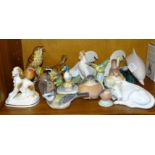 Thirteen ceramic bird ornaments, including four by Royal Worcester: Thrush, Sparrow, Marsh Tit,