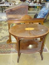 An Edwardian inlaid oval occasional table, an inlaid mahogany overmantle mirror, 102cm wide, 80cm