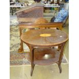 An Edwardian inlaid oval occasional table, an inlaid mahogany overmantle mirror, 102cm wide, 80cm