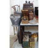 An iron-coopered wooden barrel, 41.5cm high, three oil cans, a metal pail holder and miscellaneous