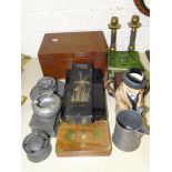 A mahogany work box, 31cm wide, two sets of four bowling woods, various metalware and