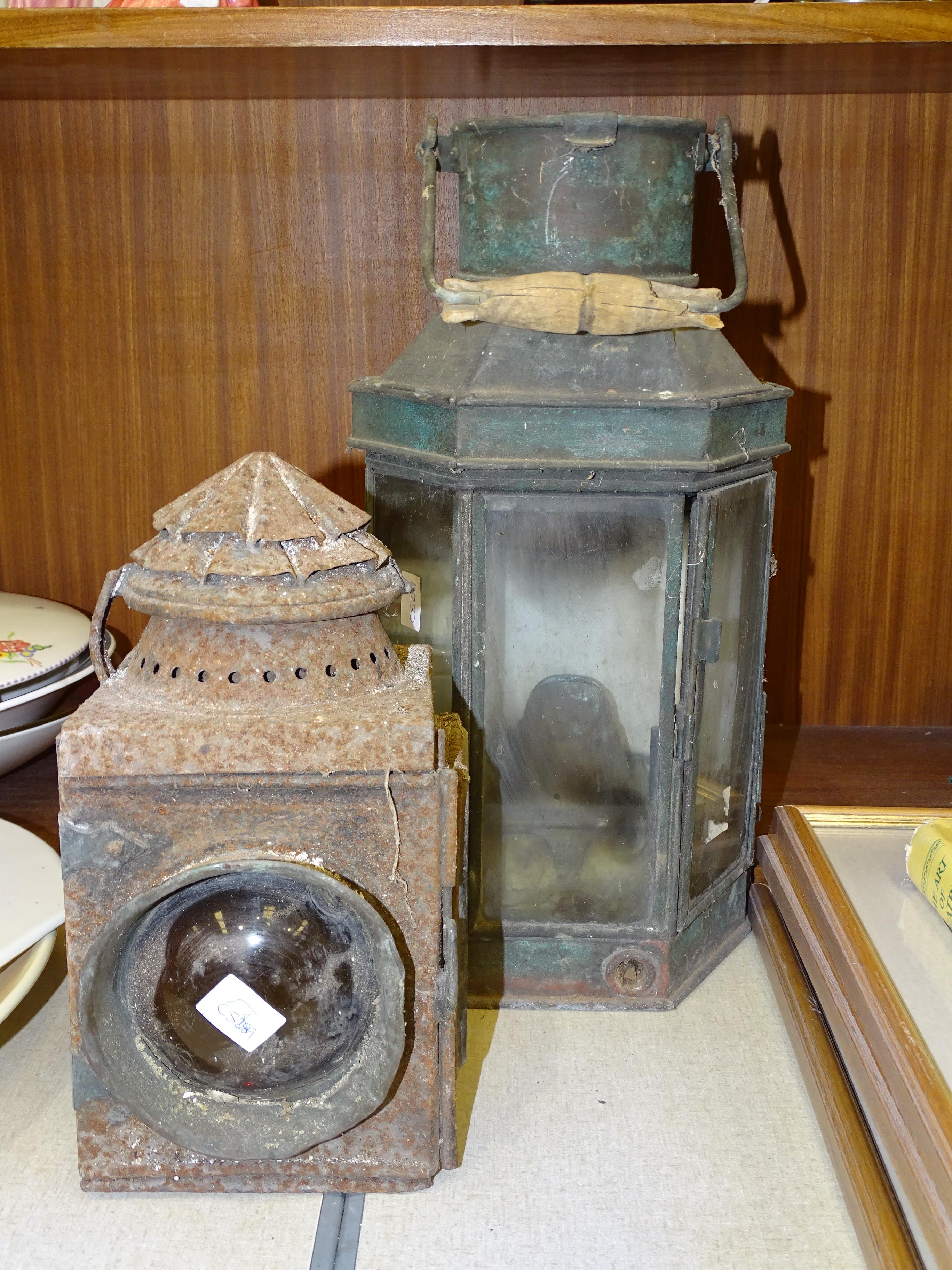 A copper masthead lamp, 40cm high and another lamp by Stevens & Sons, Darlington Works, 27cm