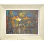 George Deakins (1911-1981) Evening Harbour Scene with Buildings, signed oil on board, 29 x 39.5cm.