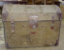 A 19th century canvas-covered and leather-bound dome-top wicker work trunk (no interior tray),