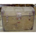 A 19th century canvas-covered and leather-bound dome-top wicker work trunk (no interior tray),