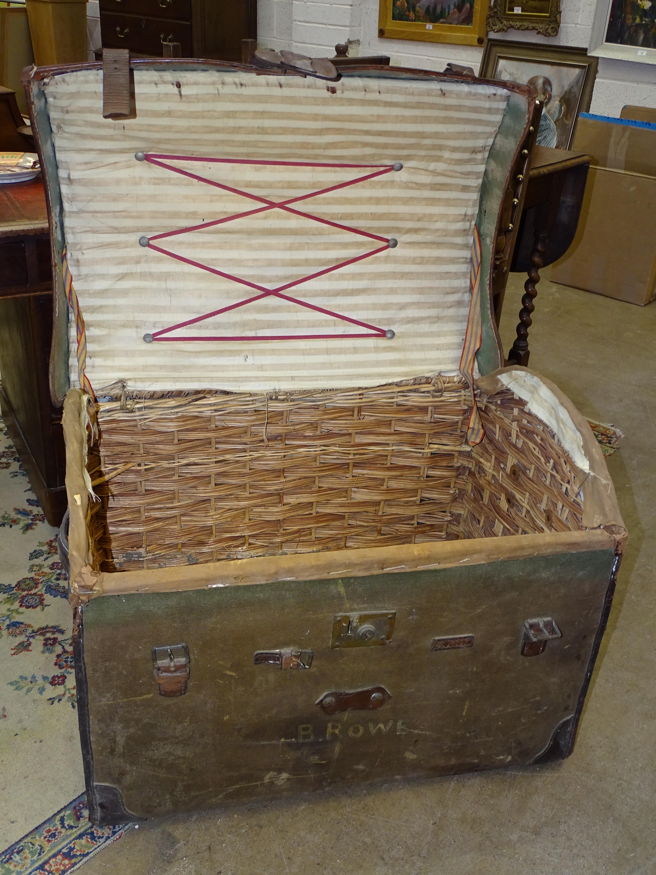 A 19th century canvas-covered and leather-bound dome-top wicker work trunk (no interior tray), - Image 2 of 2