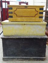 A stained pine tool chest, 100 x 56cm, 57cm high, (bottom af) and two smaller painted chests, (