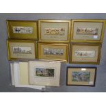 Nine framed "Stevengraph" silkwork pictures:Full Cry, The Death, The Lady Godiva Procession (2), The