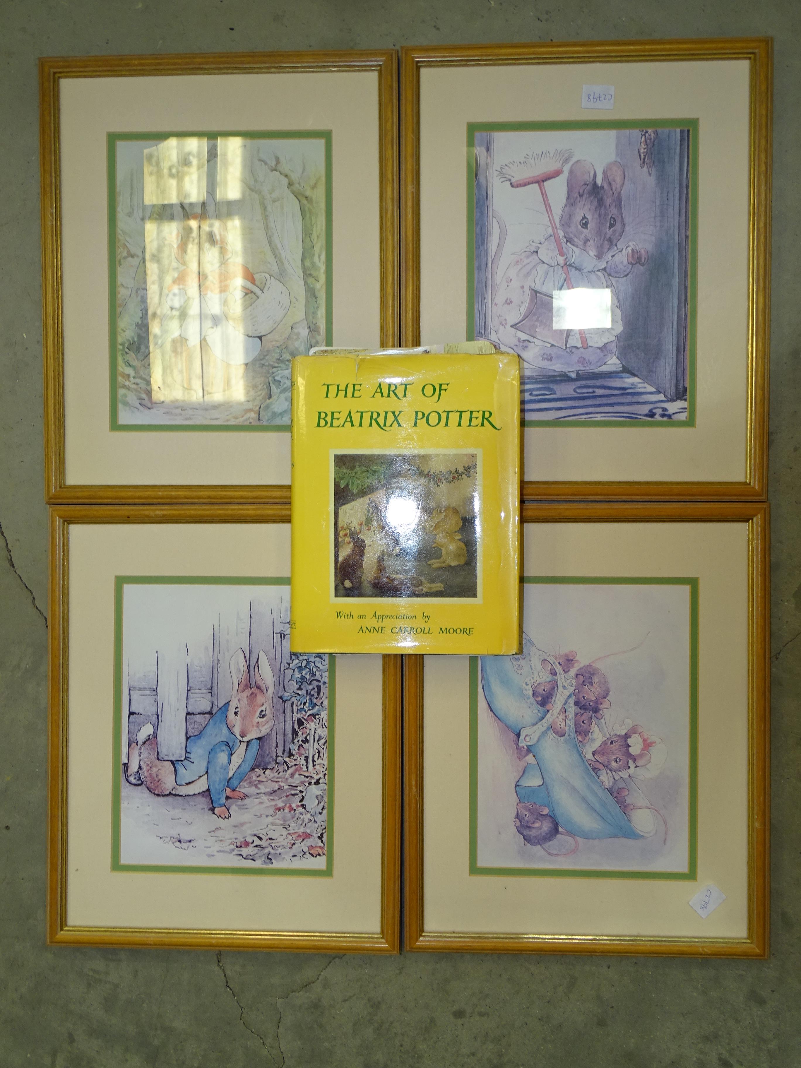 Four framed Beatrix Potter prints and a book, The Art of Beatrix Potter by Warne & Co.