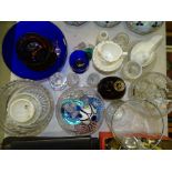 Three cut glass bowls,  a blue glass bowl, various drinking glasses and other coloured and clear