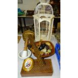 A painted wood and wire hexagonal bird cage, 72cm high, other wooden items, polished stone eggs, a