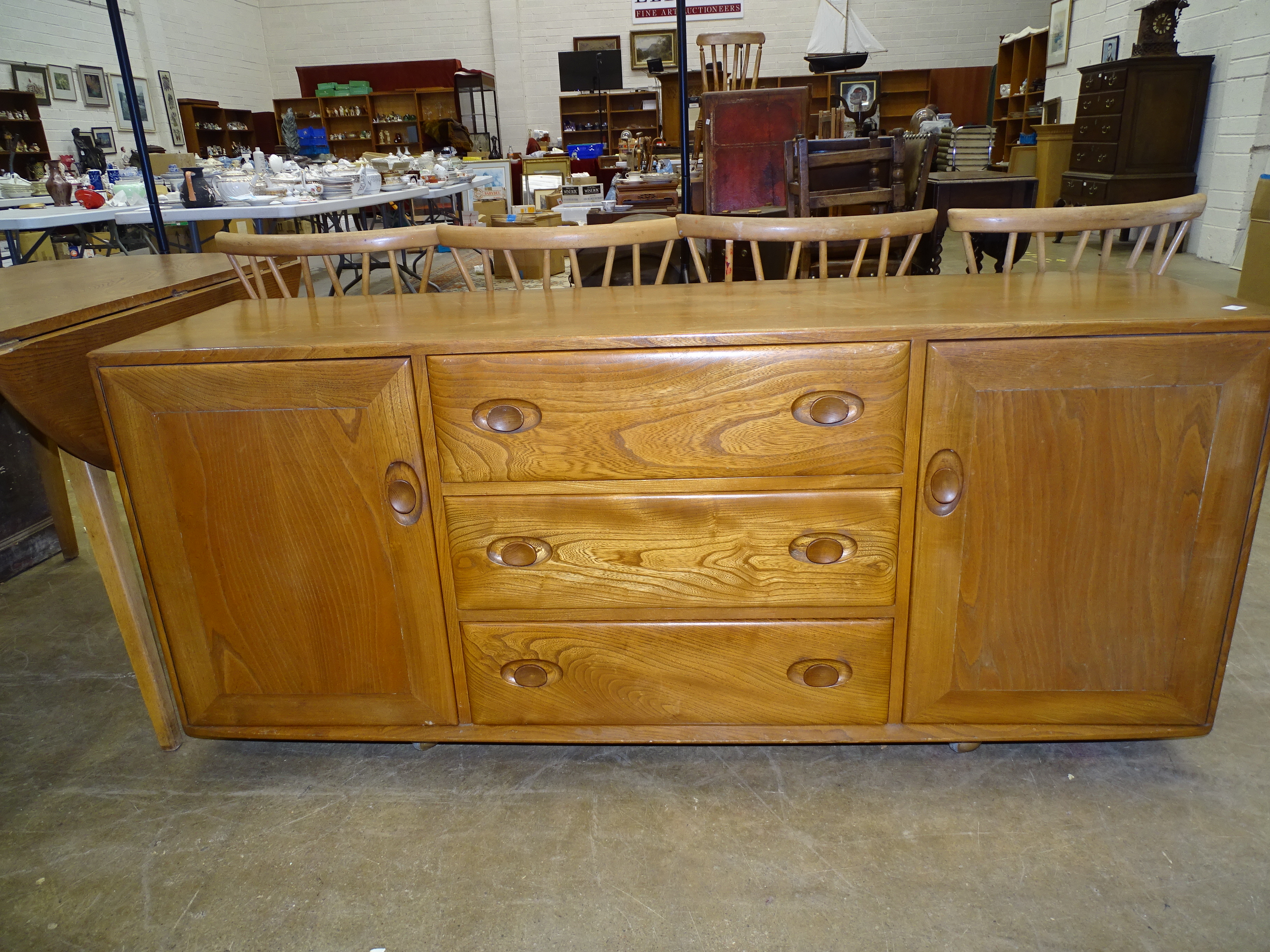 A set of four Ercol 376 candlestick lattice dining chairs together with a low sideboard fitted - Image 4 of 5