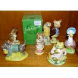 Six Beswick Beatrix Potter figures: Mr Jeremy Fisher BP1, Tailor of Gloucester BP2, Jemima