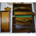 Two 19th century wooden two-division cutlery trays, one other and an inlaid wood hanging candle