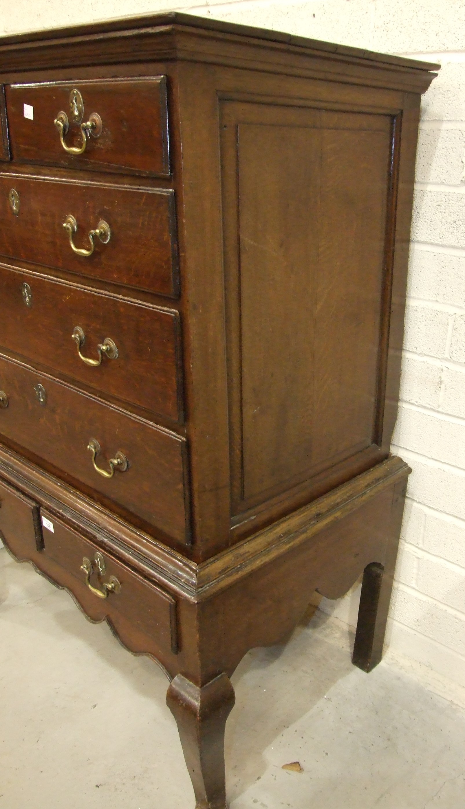A Georgian oak chest on stand, the chest with two small and three long graduated drawers, the base - Image 5 of 7