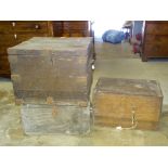 A metal bound wooden silver chest with carrying handles (interior fitment lacking), 60cm square,