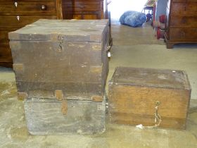 A metal bound wooden silver chest with carrying handles (interior fitment lacking), 60cm square,