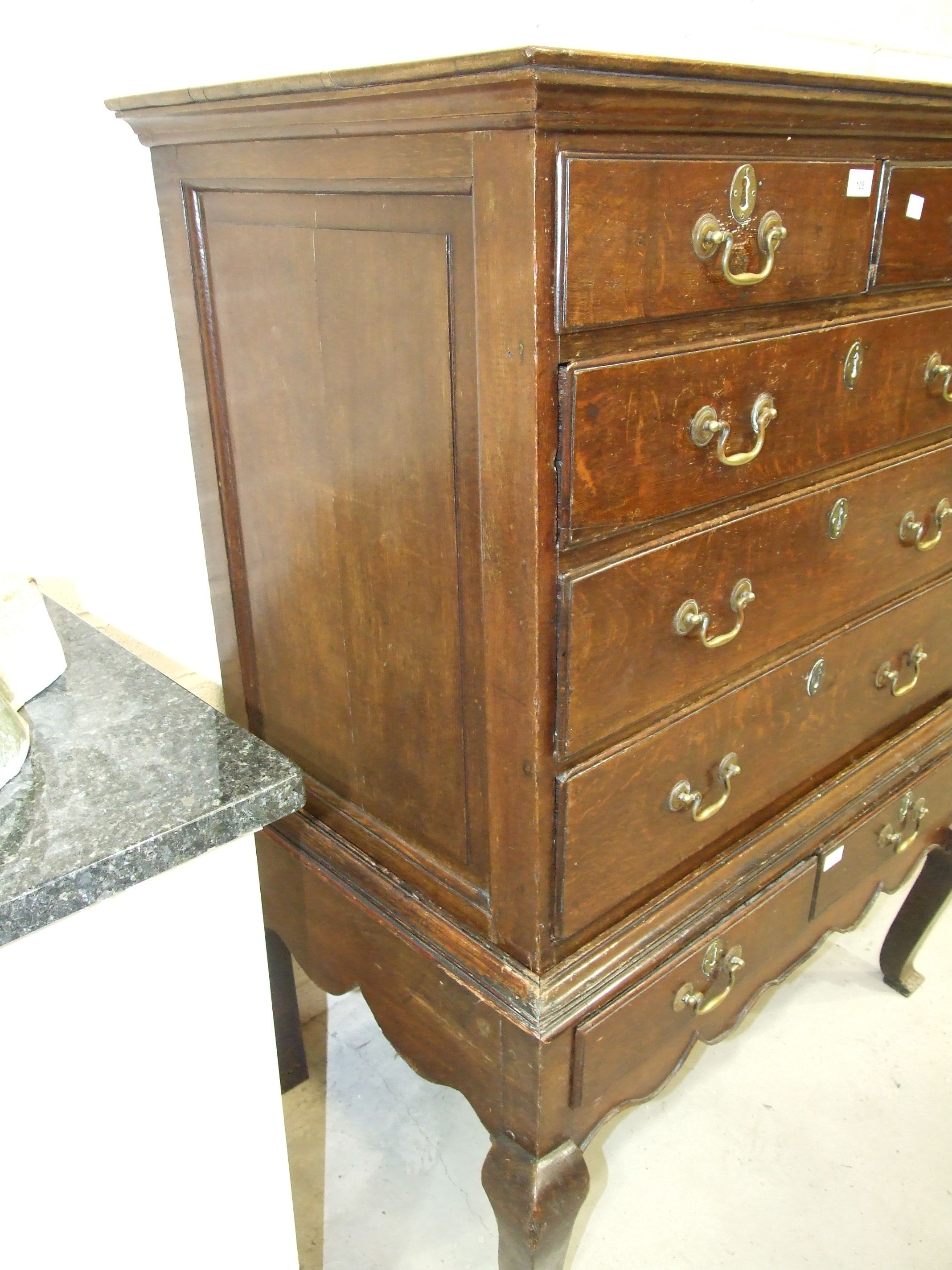 A Georgian oak chest on stand, the chest with two small and three long graduated drawers, the base - Image 6 of 7