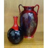 A Royal Doulton flambe two-handled vase of ovoid form, mottled red ground, Royal Doulton flambe back