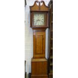 John Lane, Crediton, a mahogany long case clock with painted dial, (af), 207cm high.