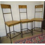 Three metal frame chairs with elm seats and backs, (3).