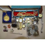 A quantity of wrist watches, (13), a boxed plated crown pendant on chain, a steel-cased propelling
