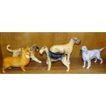 Five Beswick dogs: Afghan Hound Running, Great Dane, "Ruler of Ouborough", English Setter, "Bayldone