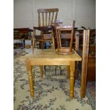 A modern pine square-top kitchen table, 86cm, a folding clothes airer, a lathe back elm and beech