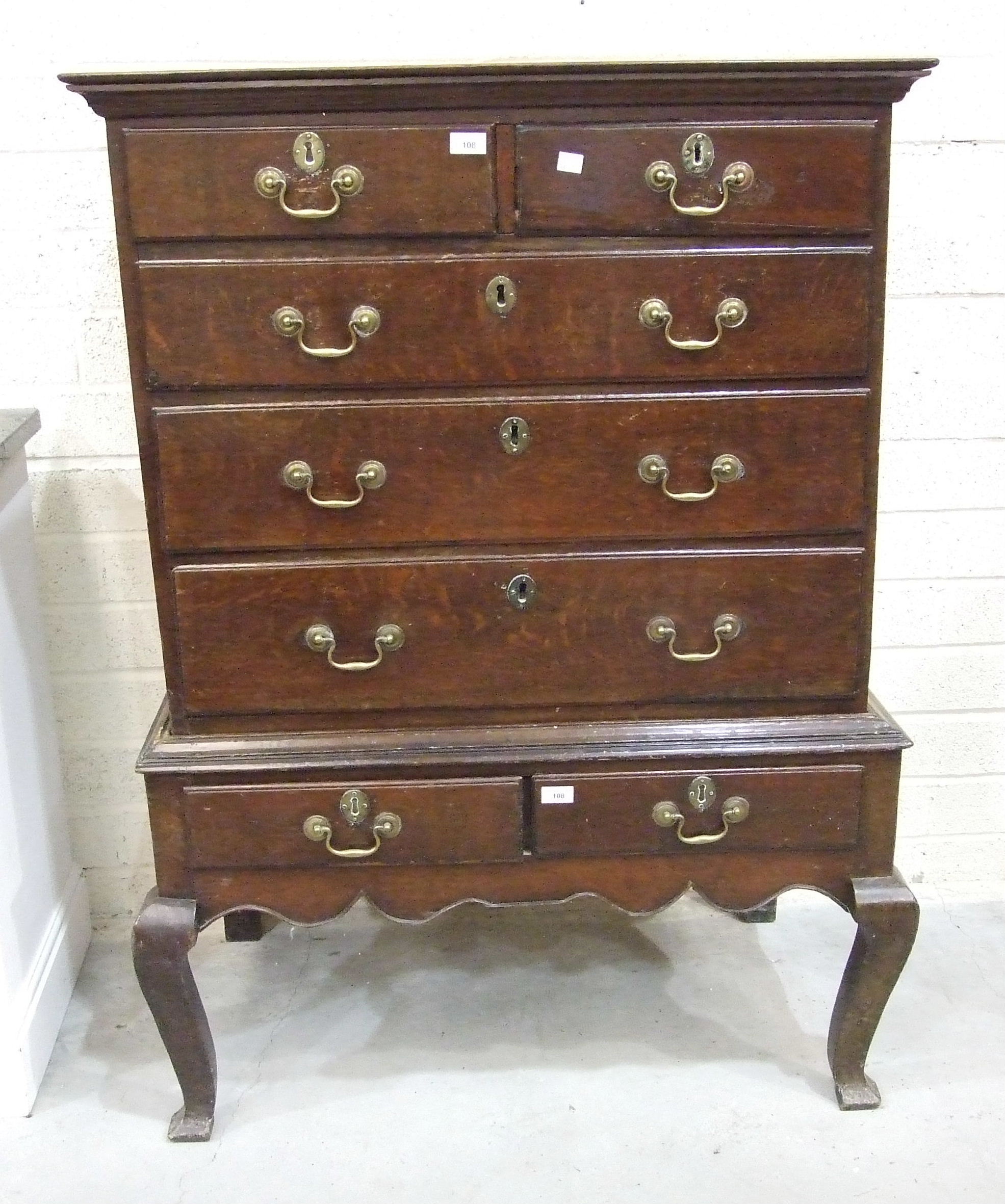 A Georgian oak chest on stand, the chest with two small and three long graduated drawers, the base - Image 7 of 7