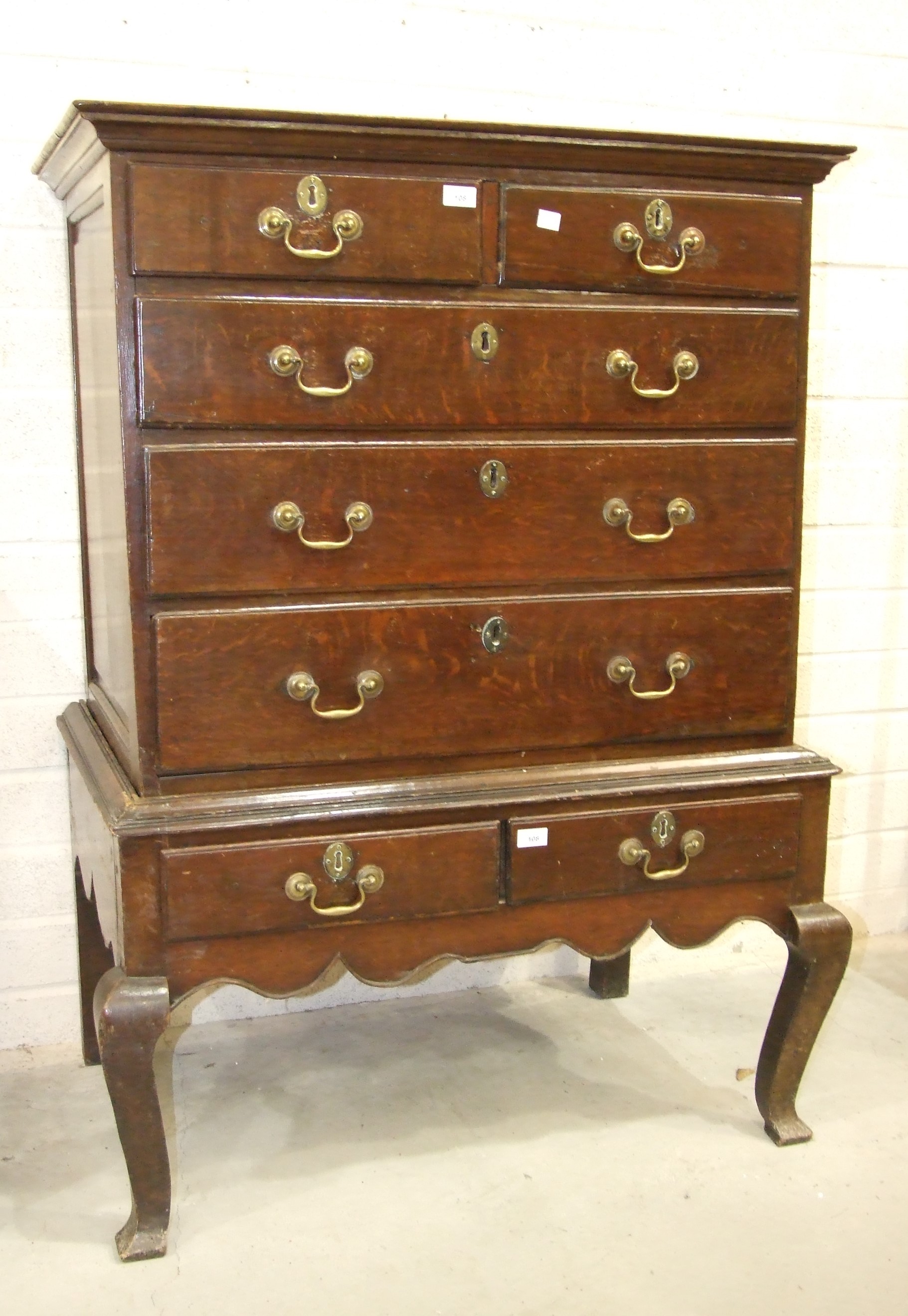 A Georgian oak chest on stand, the chest with two small and three long graduated drawers, the base - Image 2 of 7