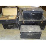 Four dockyard rope-handled tool boxes, one other and various tools.