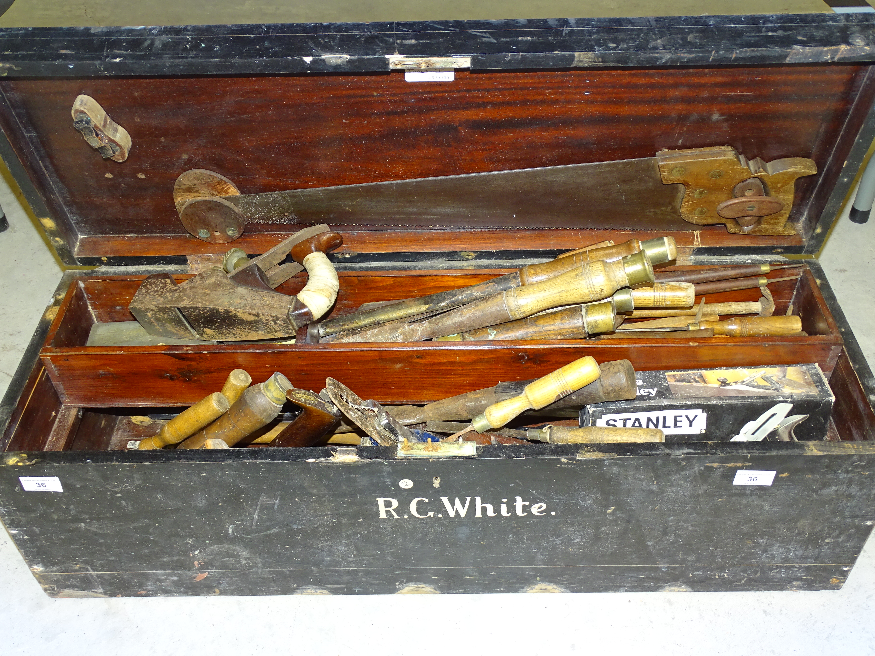 A Norris style bronze, steel and mahogany plane, various shipwright's and other tools in tool box.