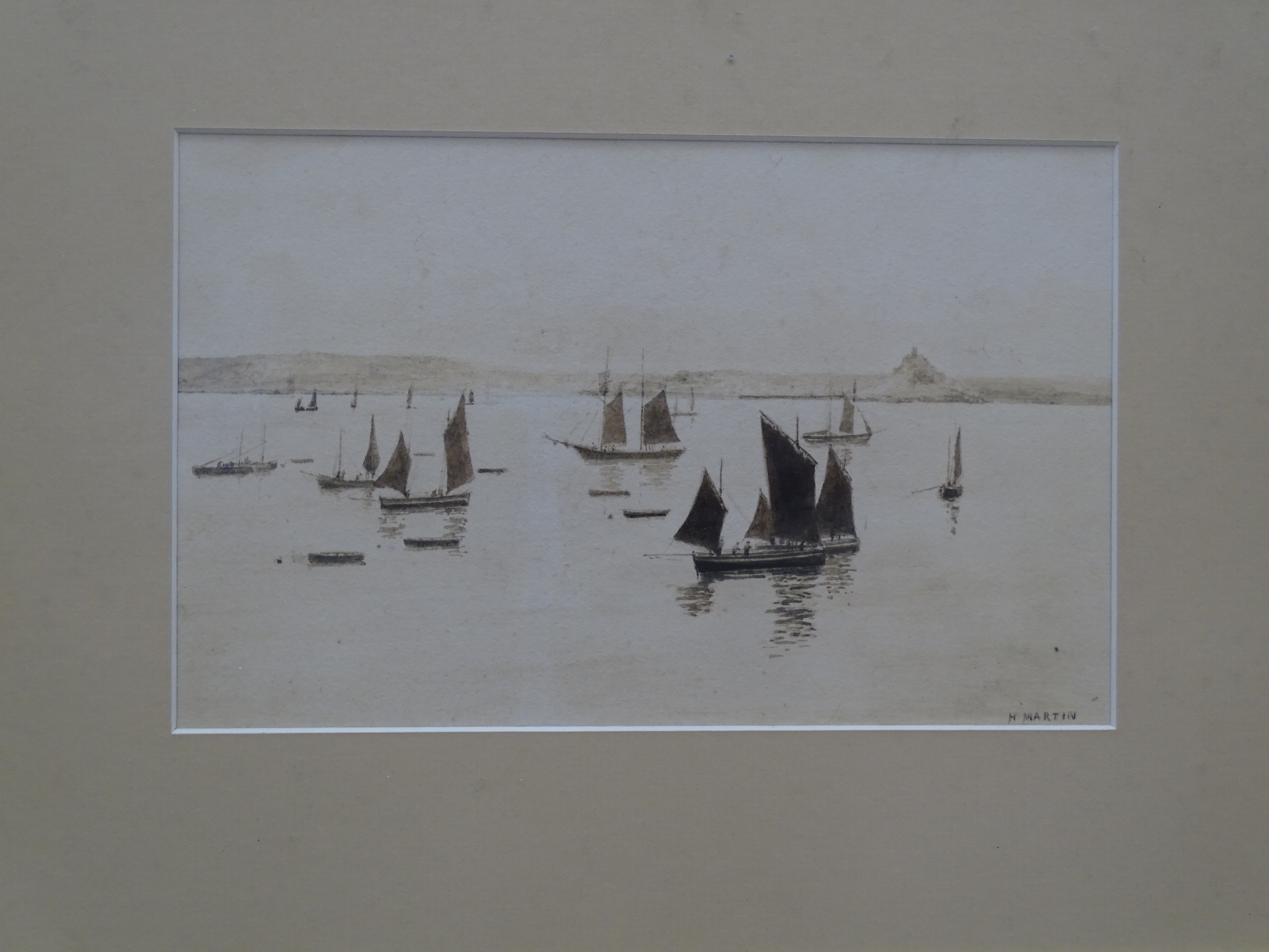 Henry Martin (1835-1908), 'Fishing vessels off St Michaels Mount, with coastline in distance', - Image 2 of 4