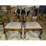 A pair of walnut-framed carver chairs with pierced shaped backs, on carved cabriole front legs and