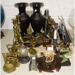 A collection of various metalware, including a pair of copper spills in the form of boots, 12cm